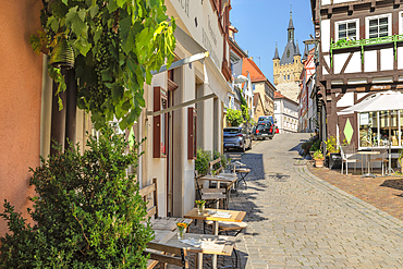 Salzgasse with a view of the Blue Tower, Bad Wimpfen, Neckartal Valley, Burgenstrasse, Baden-Wurttemberg, Germany, Europe