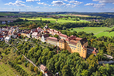 Aerial of Kirchberg an der Jagst with Kirchberg Castle, Hohenlohe, Baden-Wurttemberg, Germany, Europe