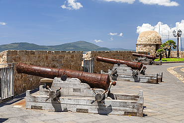 Historic cannons on the town wall of Alghero, Sassari province, Sardinia, Italy, Mediterranean, Europe