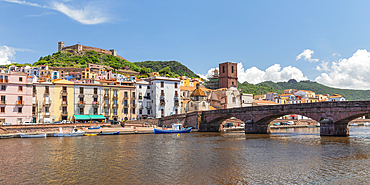 View over Temo River on Bosa and Malaspina castle, Oristano district, Sardinia, Italy, Mediterranean, Europe