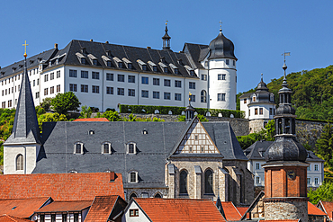 View over Stolberg with St. Martini church, Saigerturm tower and castle, Harz, Saxony-Anhalt, Germany, Europe