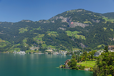 View to Vitznau and Rigi Mountain, Lake Lucerne, Canton Schwyz, Switzerland, Europe