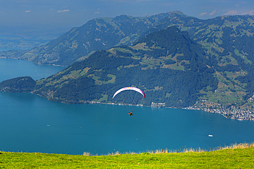 Paraglider on Niederbauen Mountain, Lake Lucerne, Canton Uri, Switzerland, Europe