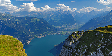 View from Niederbauen Mountain, 1923m to Fluelen and Altdorf, Lake Lucerne, Canton Uri, Switzerland, Europe