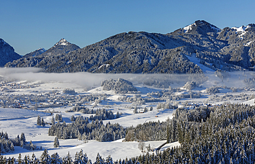 View from Eisenberg Castle ruin to Tannheim Mountains, Pfronten, Allgau, Swabia, Bavaria, Germany, Europe