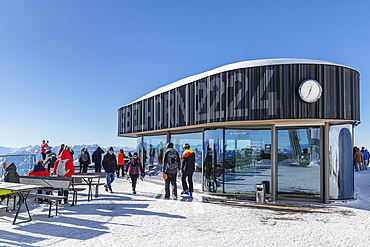 Summit restaurant on Nebelhorn summit, 2224m, Oberstdorf, Swabia, Bavarian Alps, Bavaria, Germany, Europe