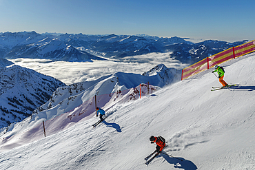 Skier on Nebelhorn summit, 2224m, Oberstdorf, Swabia, Bavarian Alps, Bavaria, Germany, Europe