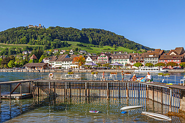 Pool and the River Rhine, with Burg Hohenklingen and Old Town, Stein am Rhein, Schaffhausen Canton, Switzerland, Europe