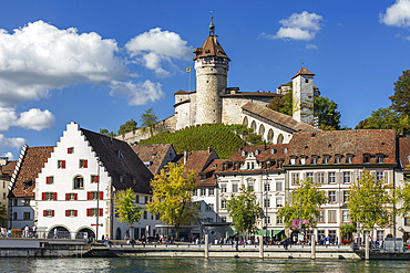 View of the River Rhine with Old Town and Old Canton Fortress of the Munot, Schaffhausen, Switzerland, Europe