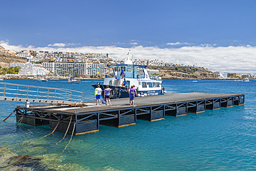 Ferry at a jetty, Anfi del Mar Resort, Playa de la Verga, Arguineguin, Gran Canaria, Canary Islands, Spain, Atlantic, Europe