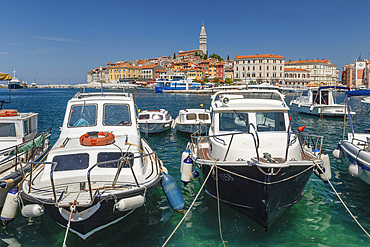 View over the harbour to the old town with Cathedral of St. Euphemia, Rovinj, Istria, Croatia