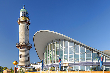 Lighthouse and Teepott building, Warnemünde, Baltic Sea, Mecklenburg-Western Pomerania, Germany