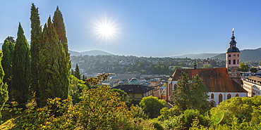 View from Schlossberg Mountain to Stiftskirche Church, Baden-Baden, Black Forest, Baden-Wurttemberg, Germany