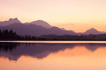 Hopfensee Lake at sunset, near Fussen, Allgau, Allgau Alps, Bavaria, Germany, Europe