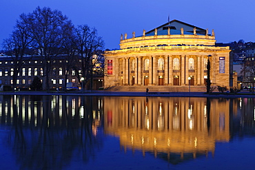 Staatstheater (Stuttgart theatre and opera house) at night, reflecting in the Eckensee, Schlosspark, Stuttgart, Baden Wurttemberg, Germany, Europe