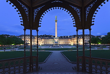 View from the pavilion over Schlossplatz square to the Neues Schloss Castle, Stuttgart, Baden Wurttemberg, Germany, Europe