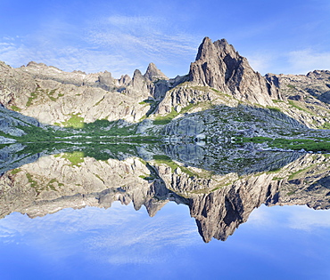 Pic Lombarduccio reflecting in Lac de Melo, Gorges de la Restonica, Haute Corse, Corsica, France, Europe