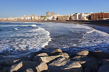 City skyline at the seaside in the evening, Playa de las Canteras, Las Palmas, Gran Canaria, Canary Islands, Spain, Atlantic, Europe