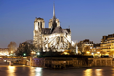 Notre Dame cathedral and River Seine at night, Paris, Ile de France, France, Europe 