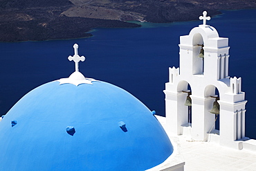 St. Gerasimos Church with blue dome overlooking the Aegean Sea, Firostefani, Santorini, Cyclades, Greek Islands, Greece, Europe 