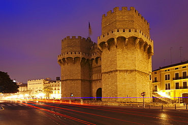 Torres de Serranos city gate at dusk, Valencia, Comunidad Valencia, Spain, Europe 