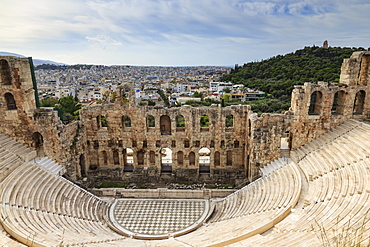 Theatre of Herod Atticus below the Acropolis with the Hill of Philippapos and city view, Athens, Greece, Europe