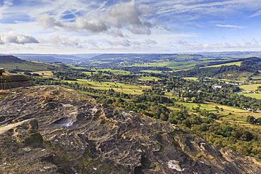 View towards Chatsworth from Curbar Edge, with Calver and Curbar villages, Peak District National Park, Derbyshire, England, United Kingdom, Europe