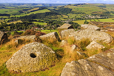 Millstone, Curbar Edge, Peak District National Park, in summer, Derbyshire, England, United Kingdom, Europe