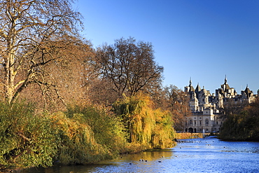 St. James's Park, with view across lake to Horse Guards, sunny late autumn, Whitehall, London, England, United Kingdom, Europe