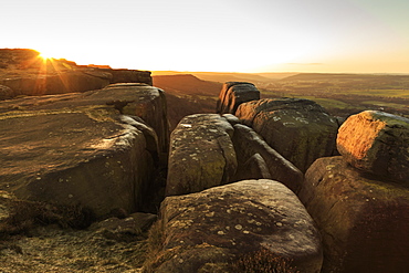 Curbar Edge, at sunrise on a frosty winter morning, Peak District National Park, Derbyshire, England, United Kingdom, Europe