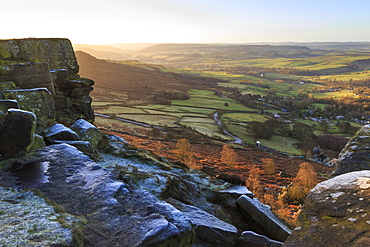 Curbar Edge, at sunrise on a frosty winter morning, Peak District National Park, Derbyshire, England, United Kingdom, Europe