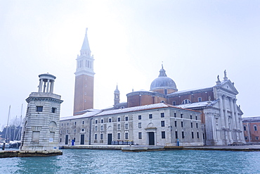 San Giorgio Maggiore in the mist on a cold winter morning after snow, Venice, UNESCO World Heritage Site, Veneto, Italy, Europe