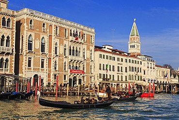 Gondolas on the Grand Canal, winter afternoon sun, Venice, UNESCO World Heritage Site, Veneto, Italy, Europe