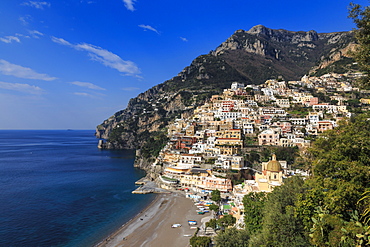 Elevated view of Positano town, church and beach in spring, Amalfi Coast, UNESCO World Heritage Site, Campania, Italy, Europe