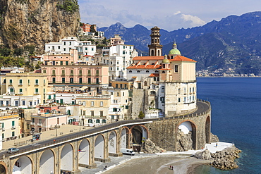 Church of Santa Maria Maddalena, beach and coast road, Atrani, Amalfi Coast, UNESCO World Heritage Site, Campania, Italy, Europe