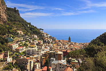 Amalfi and Torre dello Ziro, elevated view from Pontonein spring, Amalfi Coast, UNESCO World Heritage Site, Campania, Italy, Europe