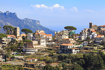 Ravello, backed by mountains and sea, elevated view from Scala, Amalfi Coast, UNESCO World Heritage Site, Campania, Italy, Europe