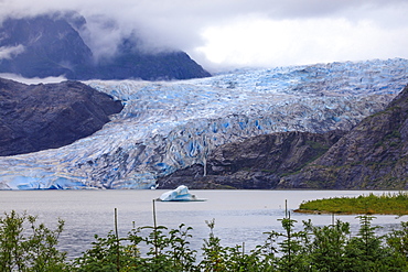 Mendenhall Glacier and Lake, with iceberg, bright blue ice, forest and mist, from Visitor Centre, Juneau, Alaska, United States of America, North America