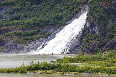 Nugget Falls Cascade, elevated view from Mendenhall Glacier Visitor Centre, Tongass National Forest, Juneau, Alaska, United States of America, North America