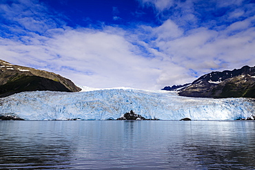 Aialik Glacier and mountains, perfect summer day, Harding Icefield, Kenai Fjords National Park, near Seward, Alaska, United States of America, North America