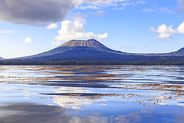 Mount Edgecumbe reflections, extinct volcano, Kruzof island, from Sitka Sound, Sitka, Northern Panhandle, Southeast Alaska, United States of America, North America