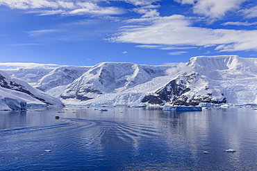 Early morning on a gorgeous day, elevated view of zodiac boat in Neko Harbour, Andvord Bay, Antarctic Continent, Antarctica, Polar Regions