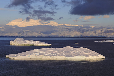 Early morning atmospheric cloud and mist, mountains, glaciers and icebergs, Neko Harbour, Andvord Bay, Graham Land, Antarctica, Polar Regions