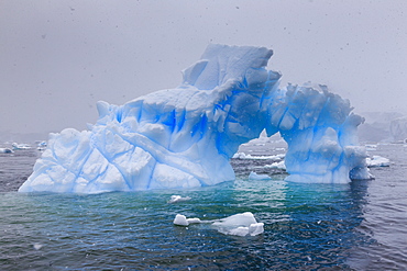 Blue iceberg arch in snowy weather, from sea level, Waterboat Point, Paradise Bay, Graham Land, Antarctic Peninsula, Antarctica, Polar Regions