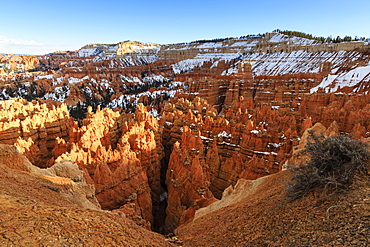 Hoodoos and cliffs with snow lit by late afternoon sun, from Rim Trail near Sunset Point, Bryce Canyon National Park, Utah, United States of America, North America