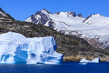 Icebergs, sculptured shapes, King Frederick VI coast at Skjoldungen Fjord, glorious weather, remote South East Greenland, Denmark, Polar Regions