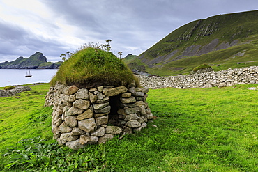 Cleit, food store and Village Bay, evacuated village, Hirta, remote St, Kilda Archipelago, UNESCO World Heritage Site, Outer Hebrides, Scotland, United Kingdom, Europe