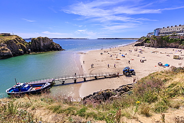 Boat to Caldey Island off Castle Beach, on a sunny day in summer, Tenby, Pembrokeshire, Wales, United Kingdom, Europe