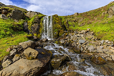 Waterfall in Hvanneyrarskal, Iceland, Europe