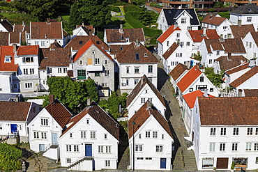 Elevated view, old town, cobbled streets, white wooden houses, Summer, Gamle Stavanger, Rogaland, Norway, Scandinavia, Europe